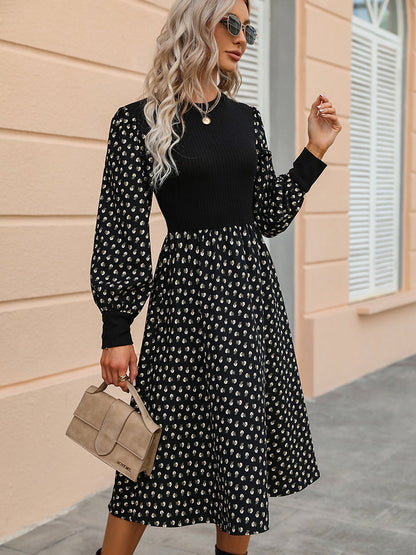 Printed Round Neck Long Sleeve Dress - Brinxx Couture