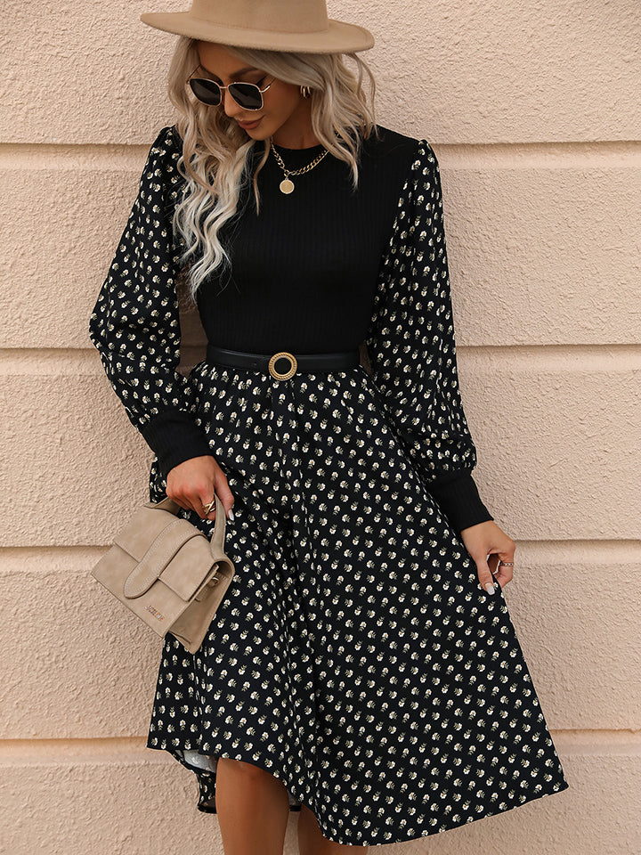 Printed Round Neck Long Sleeve Dress - Brinxx Couture