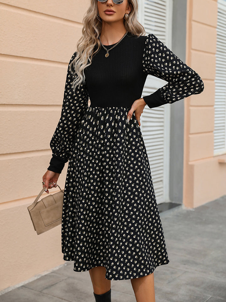 Printed Round Neck Long Sleeve Dress - Brinxx Couture