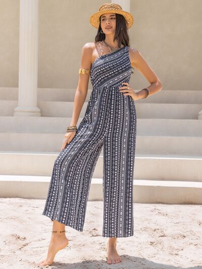 Printed Single Shoulder Sleeveless Jumpsuit - Brinxx Couture