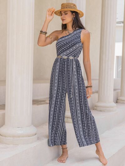 Printed Single Shoulder Sleeveless Jumpsuit - Brinxx Couture