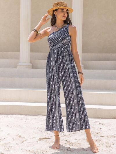 Printed Single Shoulder Sleeveless Jumpsuit - Brinxx Couture