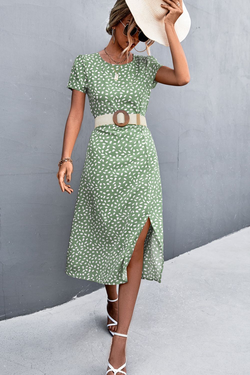 Printed Slit Cutout Midi Dress (Belt Not Included) - Brinxx Couture