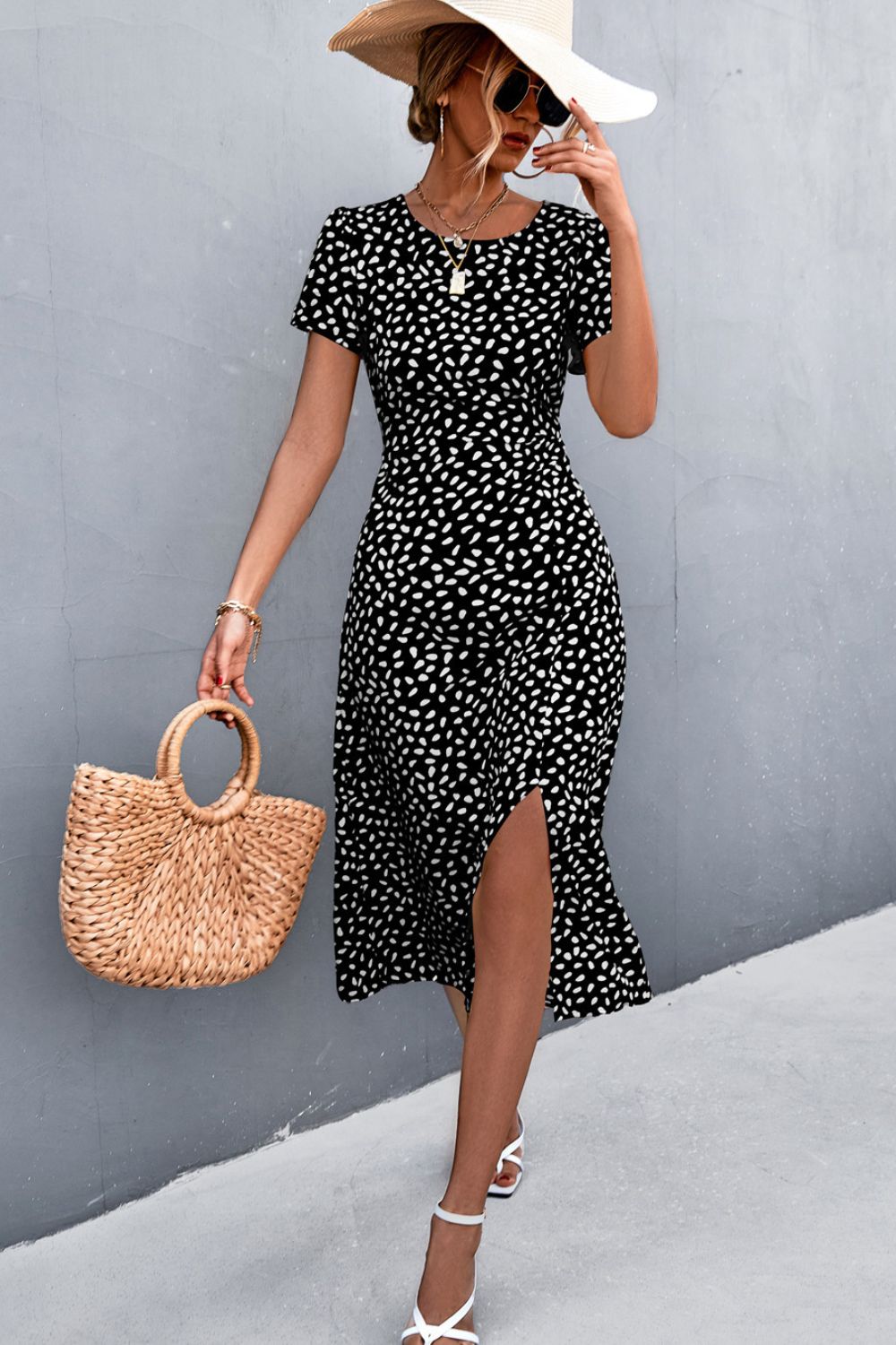 Printed Slit Cutout Midi Dress (Belt Not Included) - Brinxx Couture