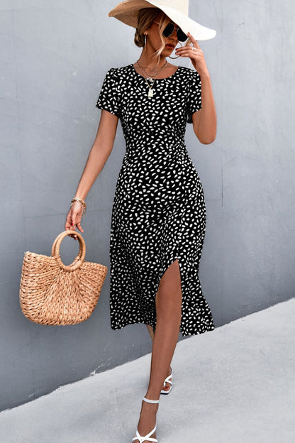 Printed Slit Cutout Midi Dress (Belt Not Included) - Brinxx Couture