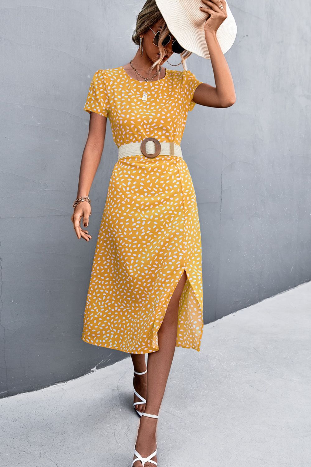 Printed Slit Cutout Midi Dress (Belt Not Included) - Brinxx Couture