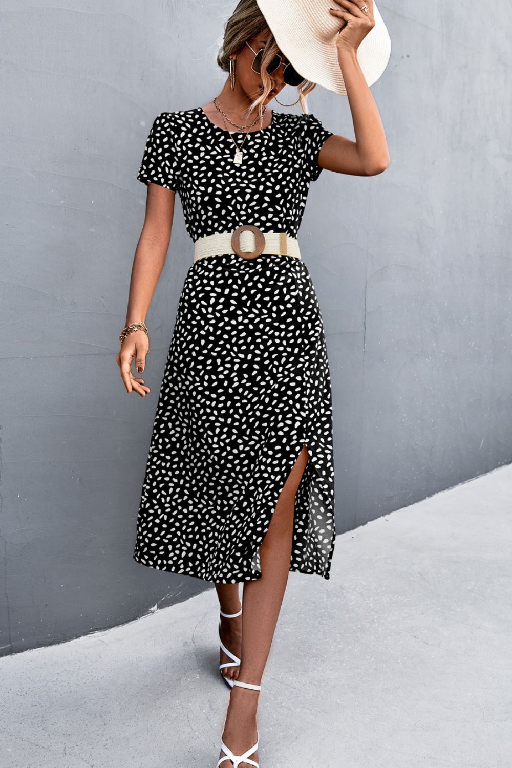 Printed Slit Cutout Midi Dress (Belt Not Included) - Brinxx Couture