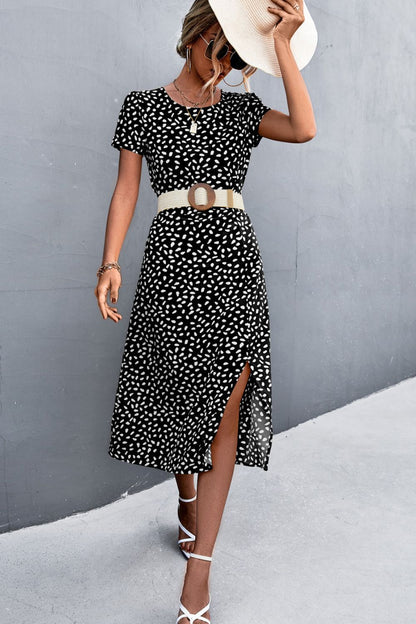 Printed Slit Cutout Midi Dress (Belt Not Included) - Brinxx Couture