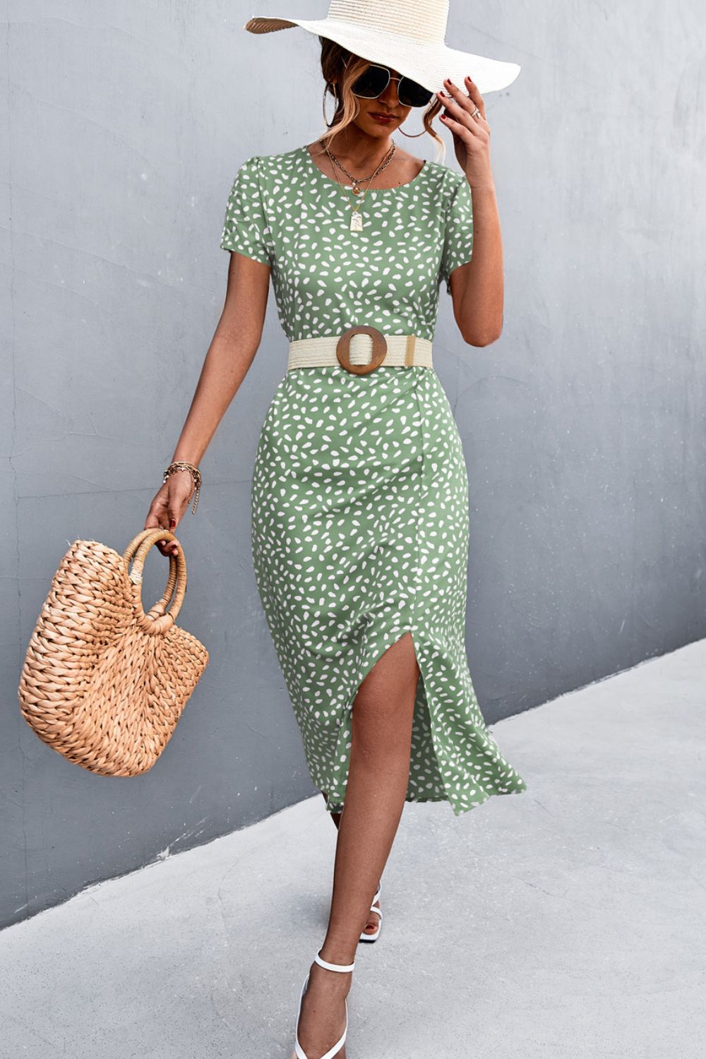 Printed Slit Cutout Midi Dress (Belt Not Included) - Brinxx Couture