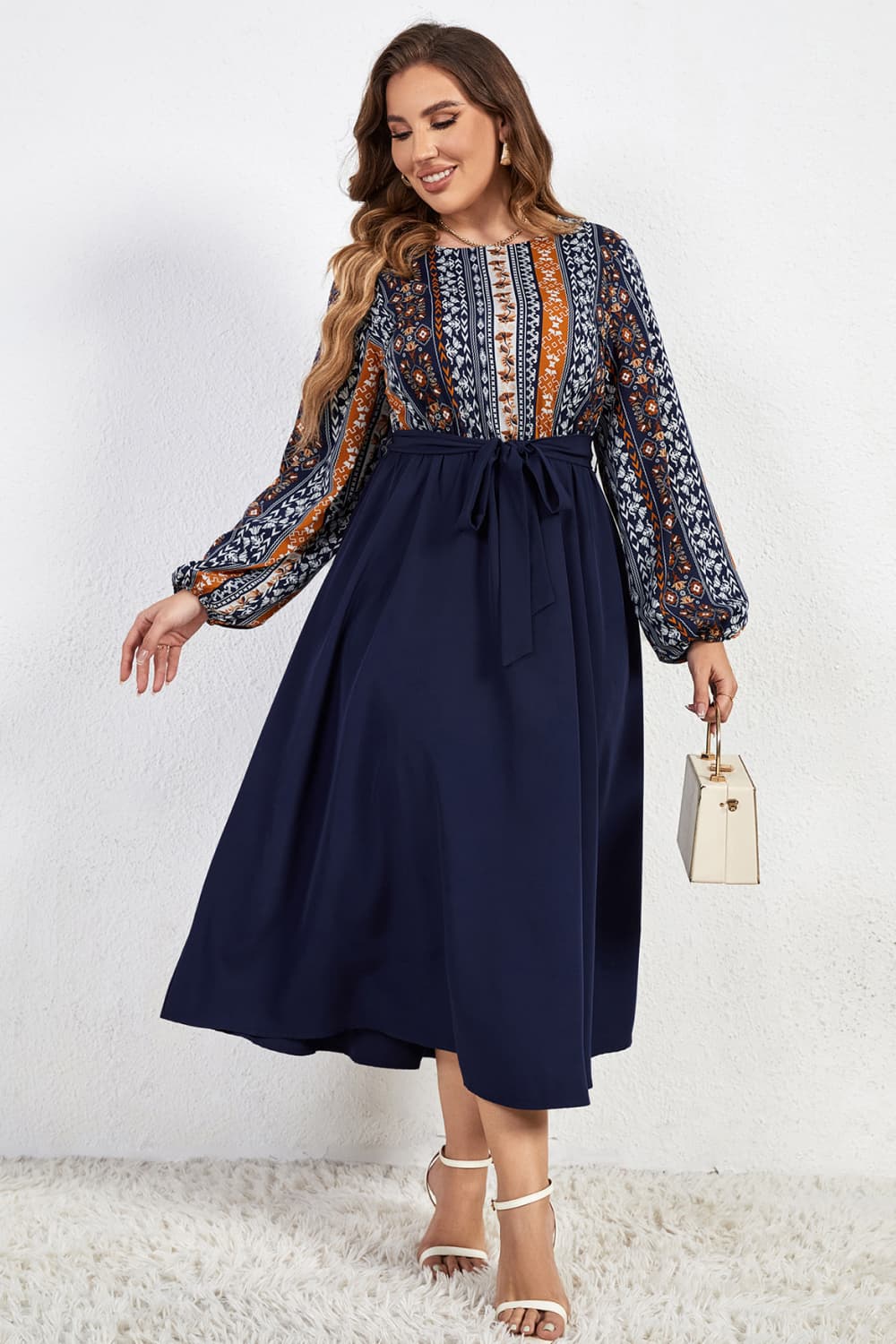 Printed Tie Belt Boat Neck Midi Dress - Brinxx Couture