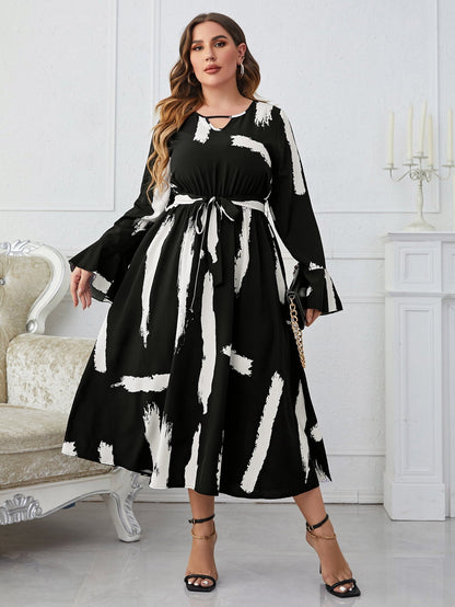 Printed Tie Belt Flare Sleeve Round Neck Midi Dress - Brinxx Couture