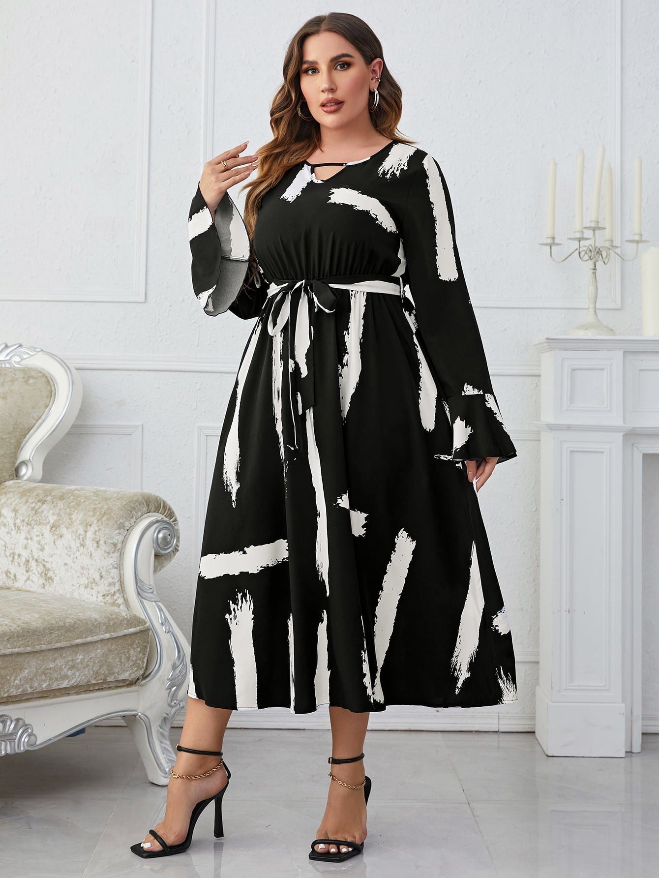 Printed Tie Belt Flare Sleeve Round Neck Midi Dress - Brinxx Couture