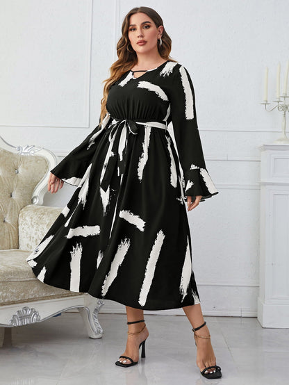 Printed Tie Belt Flare Sleeve Round Neck Midi Dress - Brinxx Couture