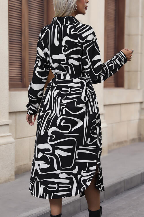 Printed Tie Front Collared Neck Slit Shirt Dress - Brinxx Couture