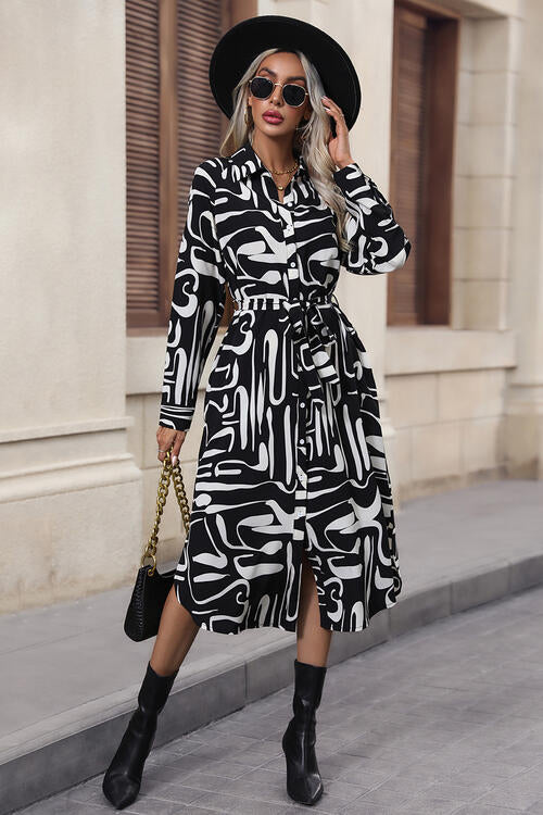 Printed Tie Front Collared Neck Slit Shirt Dress - Brinxx Couture