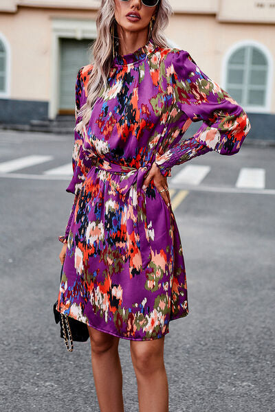 Printed Tie Waist Mock Neck Lantern Sleeve Dress - Brinxx Couture