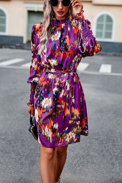 Printed Tie Waist Mock Neck Lantern Sleeve Dress - Brinxx Couture