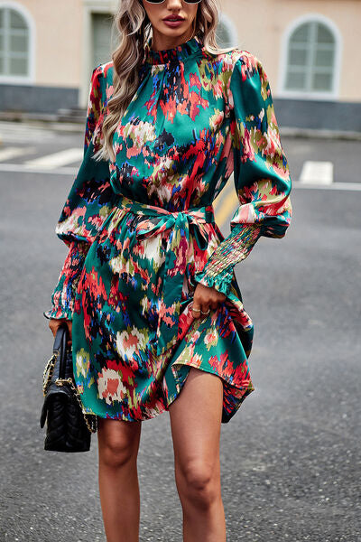 Printed Tie Waist Mock Neck Lantern Sleeve Dress - Brinxx Couture