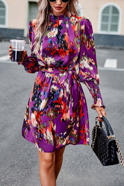 Printed Tie Waist Mock Neck Lantern Sleeve Dress - Brinxx Couture