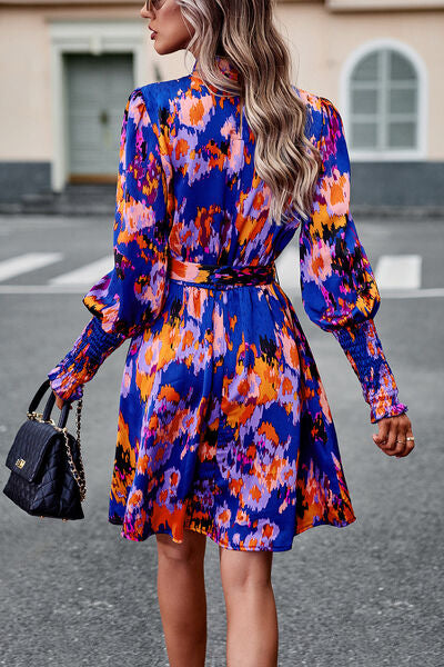 Printed Tie Waist Mock Neck Lantern Sleeve Dress - Brinxx Couture