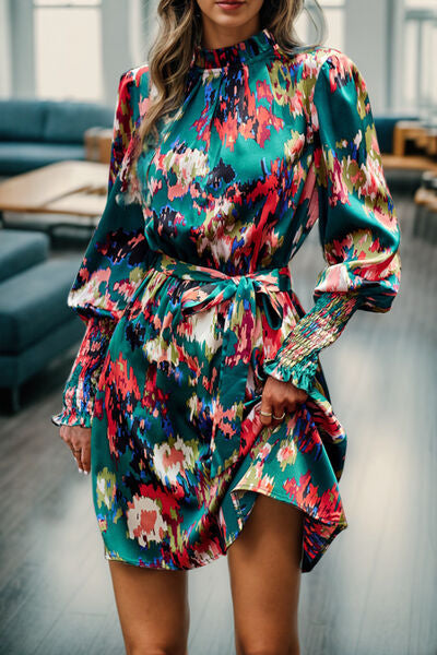 Printed Tied Lantern Sleeve Mini Dress - Brinxx Couture