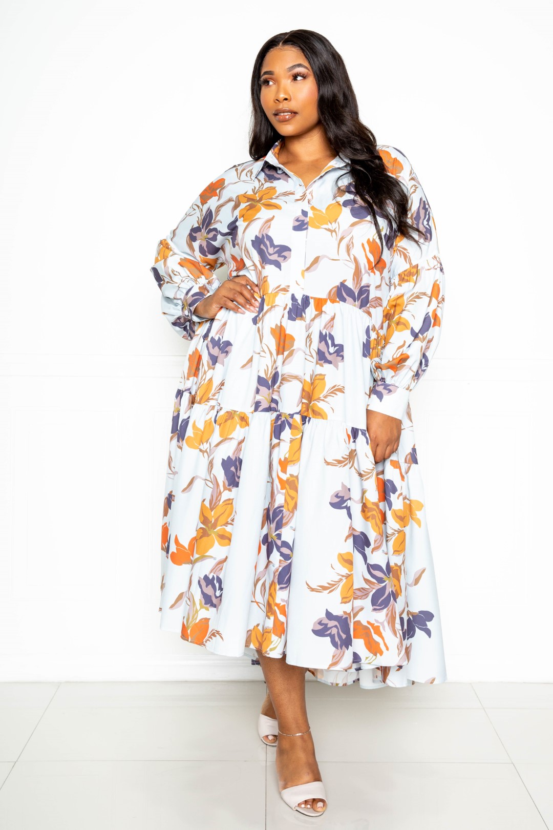 Printed Tierd Shirt Dress With Puff Sleeves - Brinxx Couture