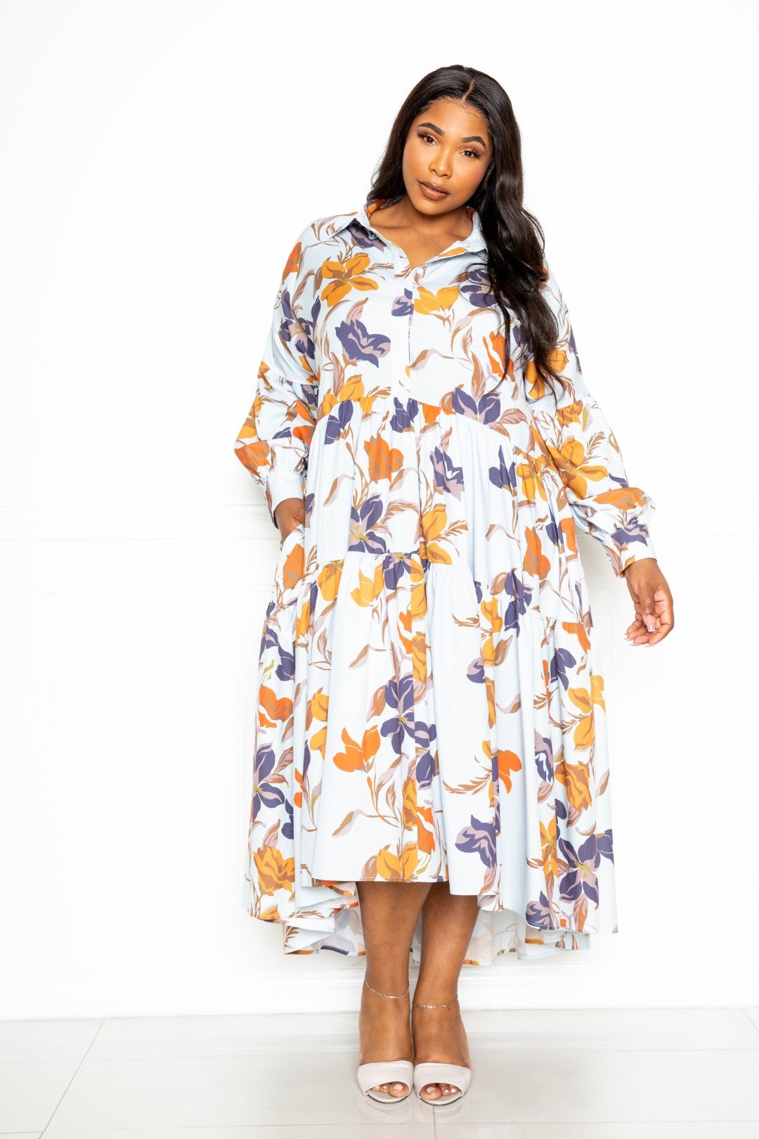 Printed Tierd Shirt Dress With Puff Sleeves - Brinxx Couture