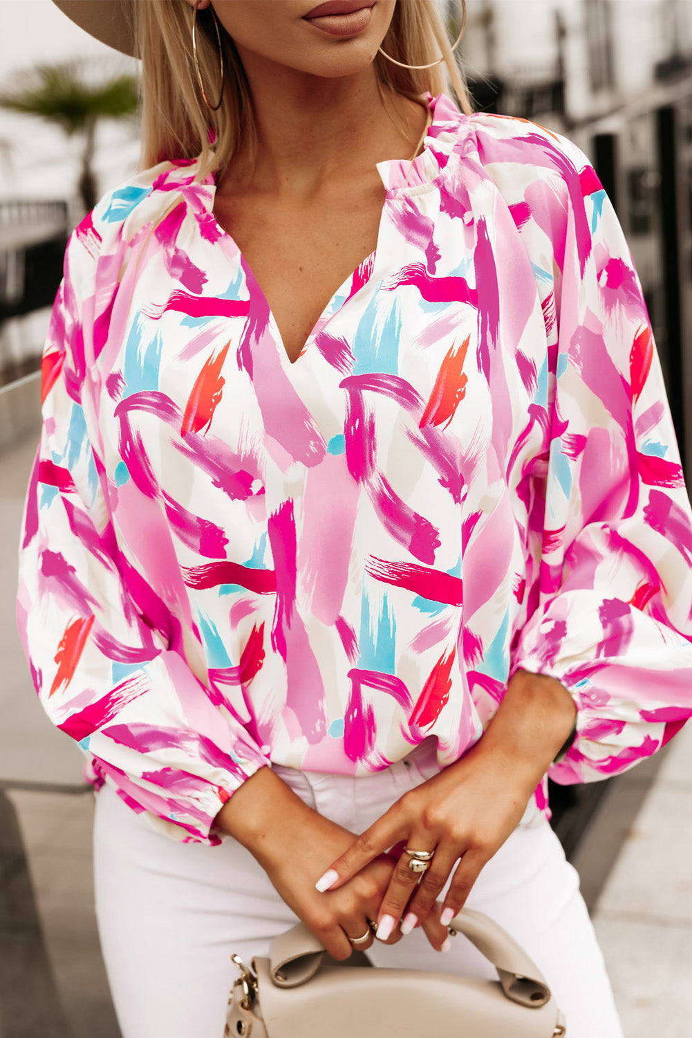 Printed V-Neck Balloon Sleeve Blouse - Brinxx Couture