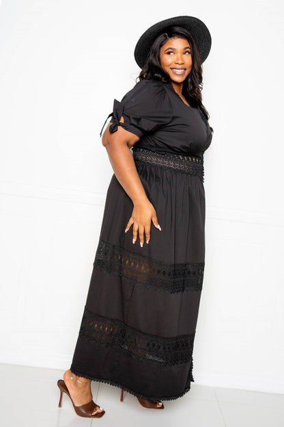 Puff Sleeve Maxi Dress With Lace Insert - Brinxx Couture