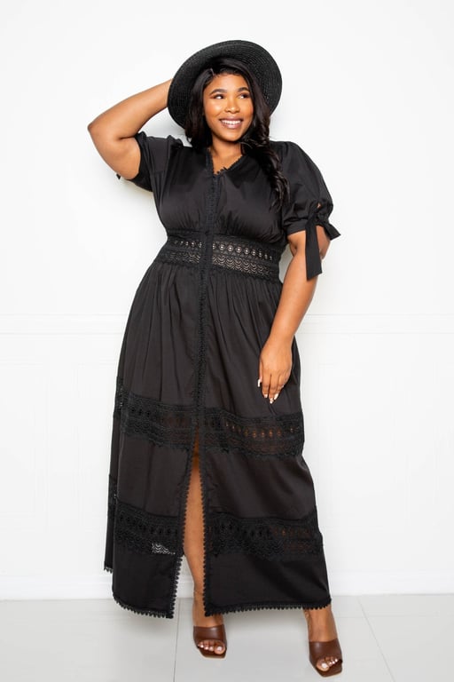 Puff Sleeve Maxi Dress With Lace Insert - Brinxx Couture