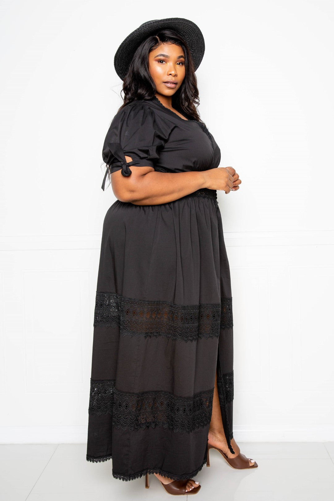 Puff Sleeve Maxi Dress With Lace Insert - Brinxx Couture