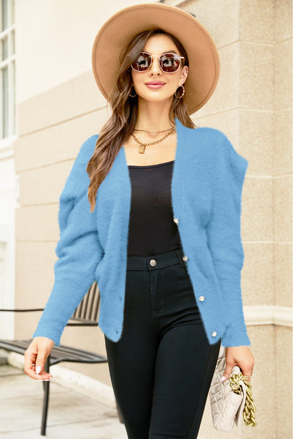 Puff Sleeve V-Neck Fuzzy Cardigan - Brinxx Couture