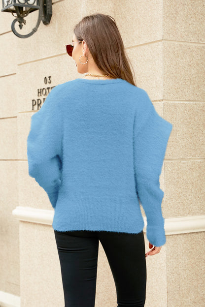 Puff Sleeve V-Neck Fuzzy Cardigan - Brinxx Couture