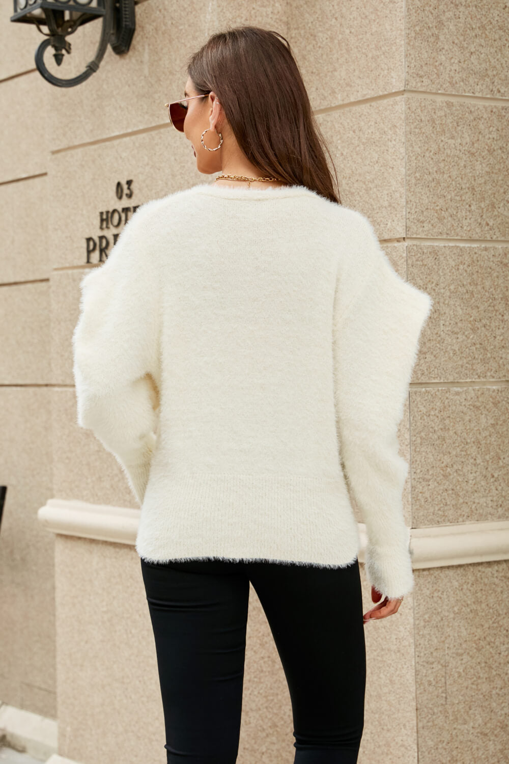 Puff Sleeve V-Neck Fuzzy Cardigan - Brinxx Couture