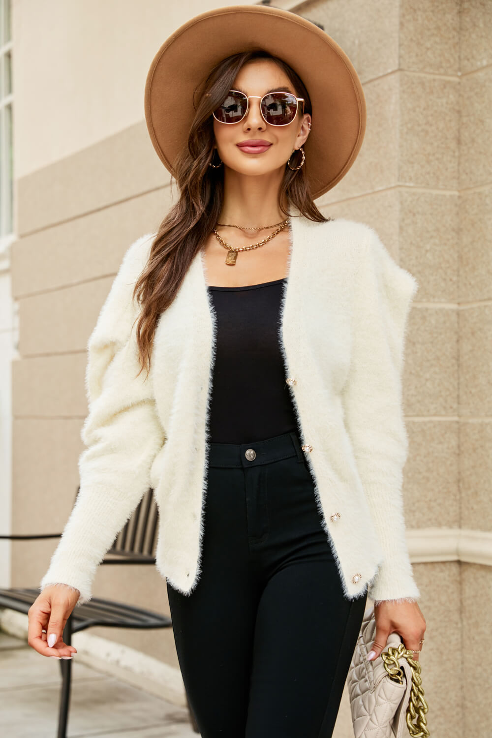 Puff Sleeve V-Neck Fuzzy Cardigan - Brinxx Couture