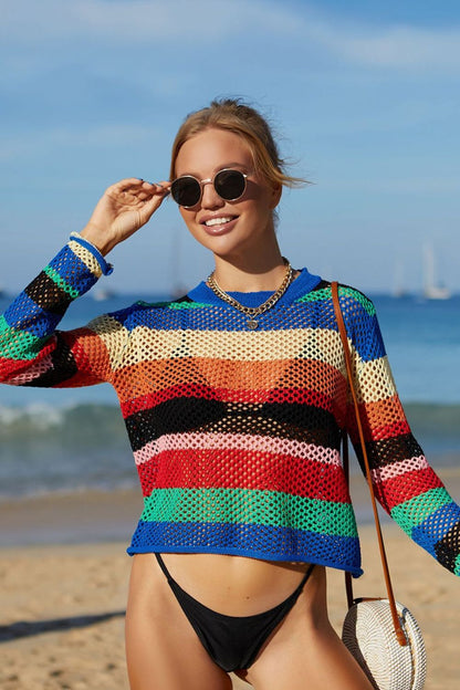 Rainbow Stripe Openwork Long Sleeve Cover-Up - Brinxx Couture