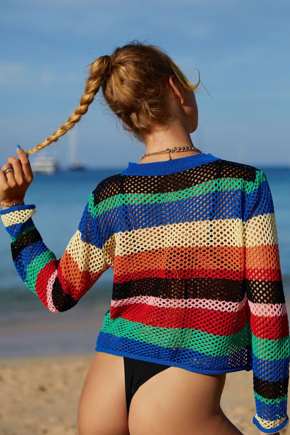 Rainbow Stripe Openwork Long Sleeve Cover-Up - Brinxx Couture