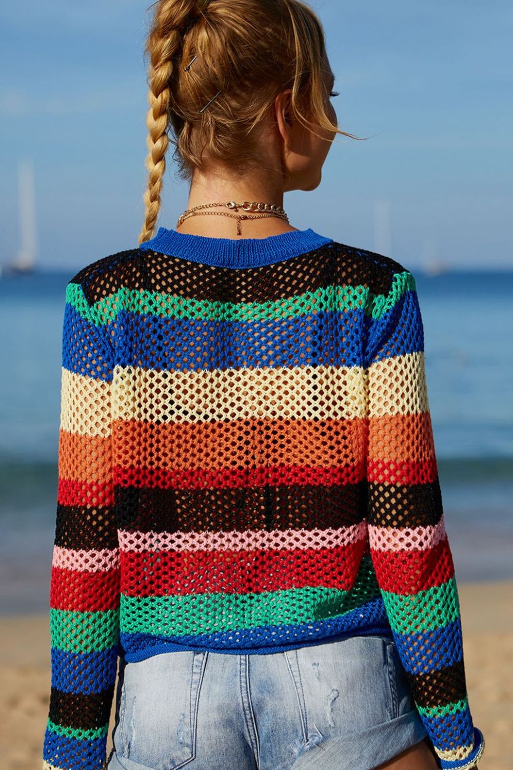 Rainbow Stripe Openwork Long Sleeve Cover-Up - Brinxx Couture