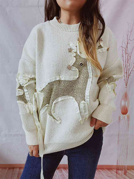 Reindeer Round Neck Long Sleeve Sweater - Brinxx Couture