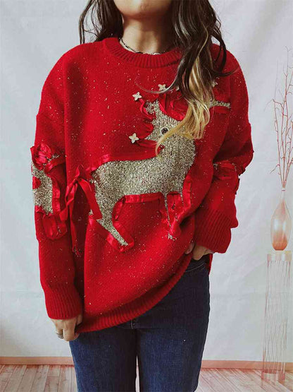 Reindeer Round Neck Long Sleeve Sweater - Brinxx Couture