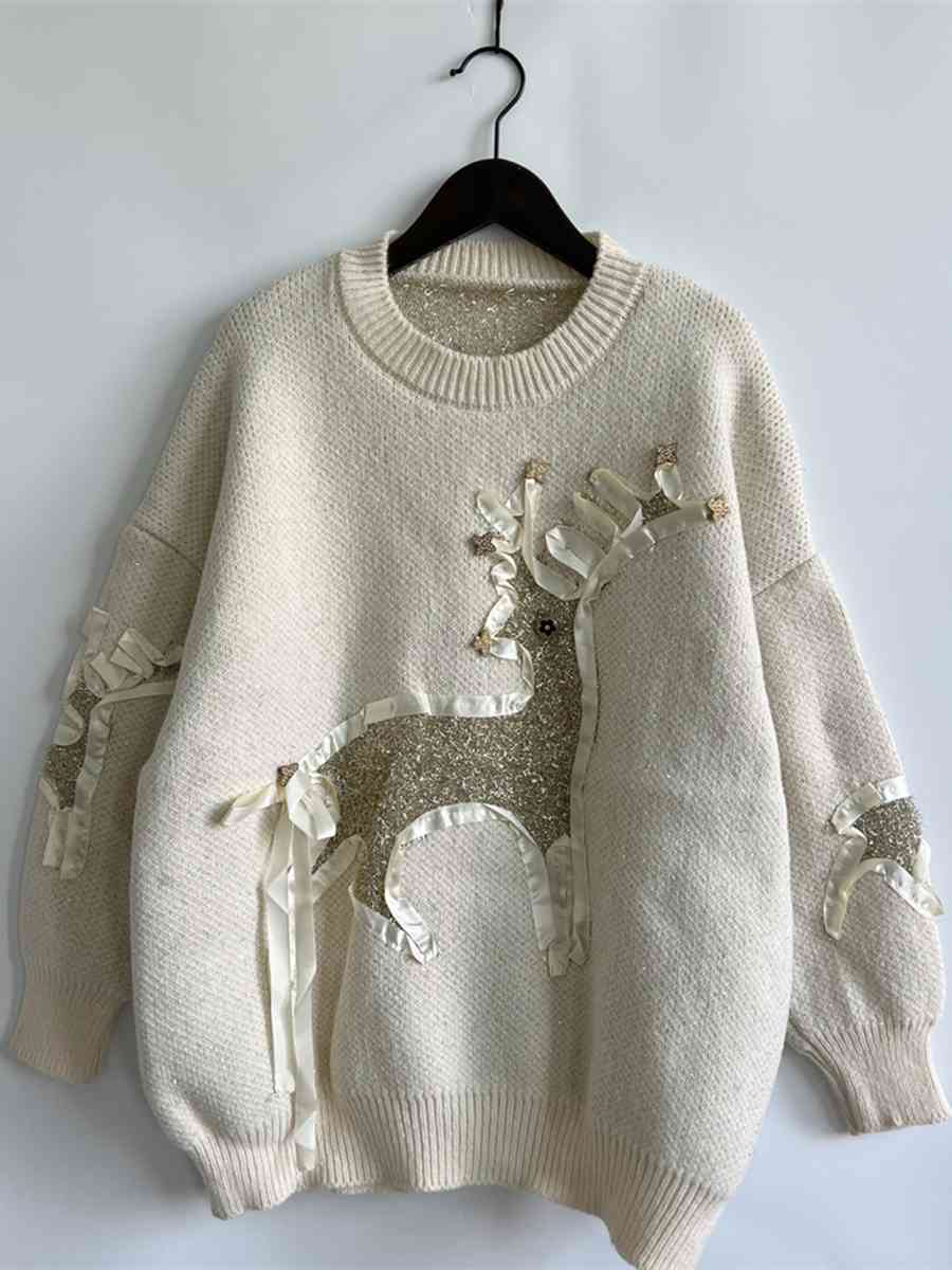 Reindeer Round Neck Long Sleeve Sweater - Brinxx Couture