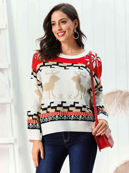 Reindeer Round Neck Sweater - Brinxx Couture