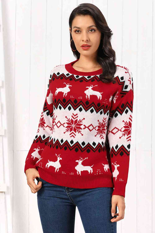 Reindeer Round Neck Sweater - Brinxx Couture