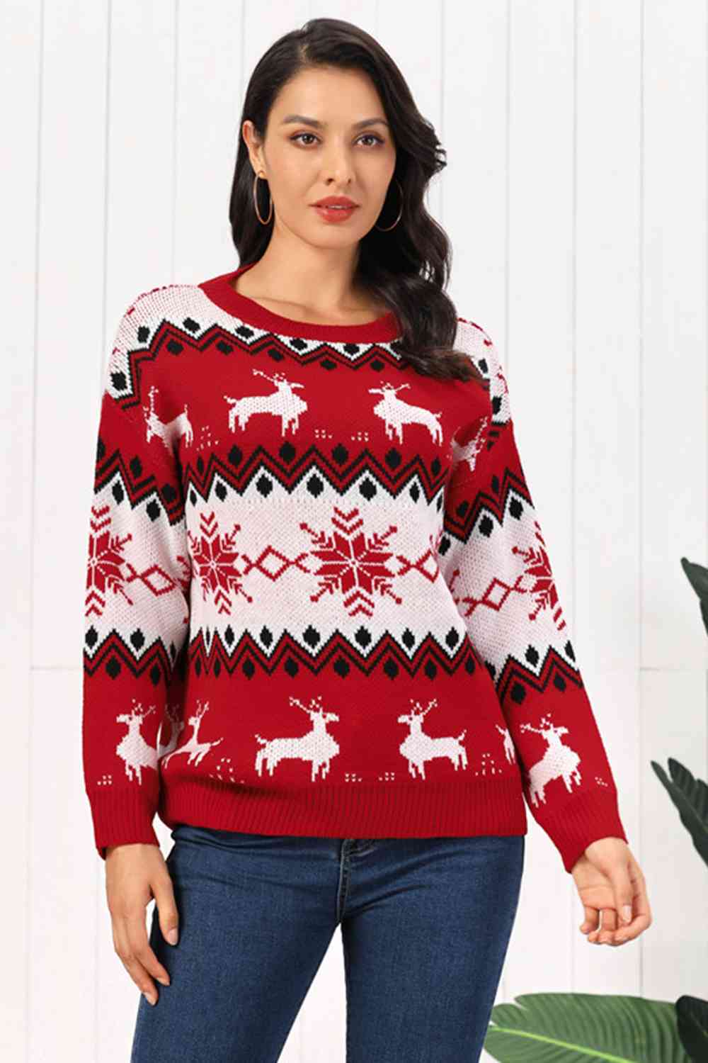 Reindeer Round Neck Sweater - Brinxx Couture