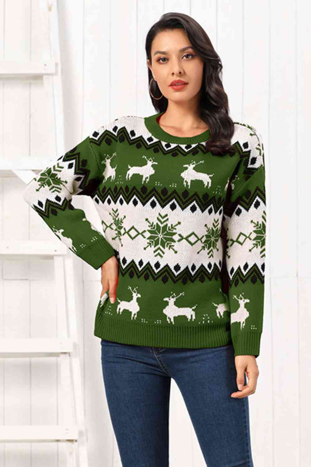 Reindeer Round Neck Sweater - Brinxx Couture