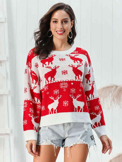 Reindeer Round Neck Sweater - Brinxx Couture