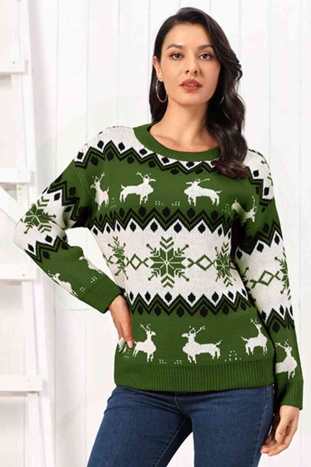 Reindeer Round Neck Sweater - Brinxx Couture