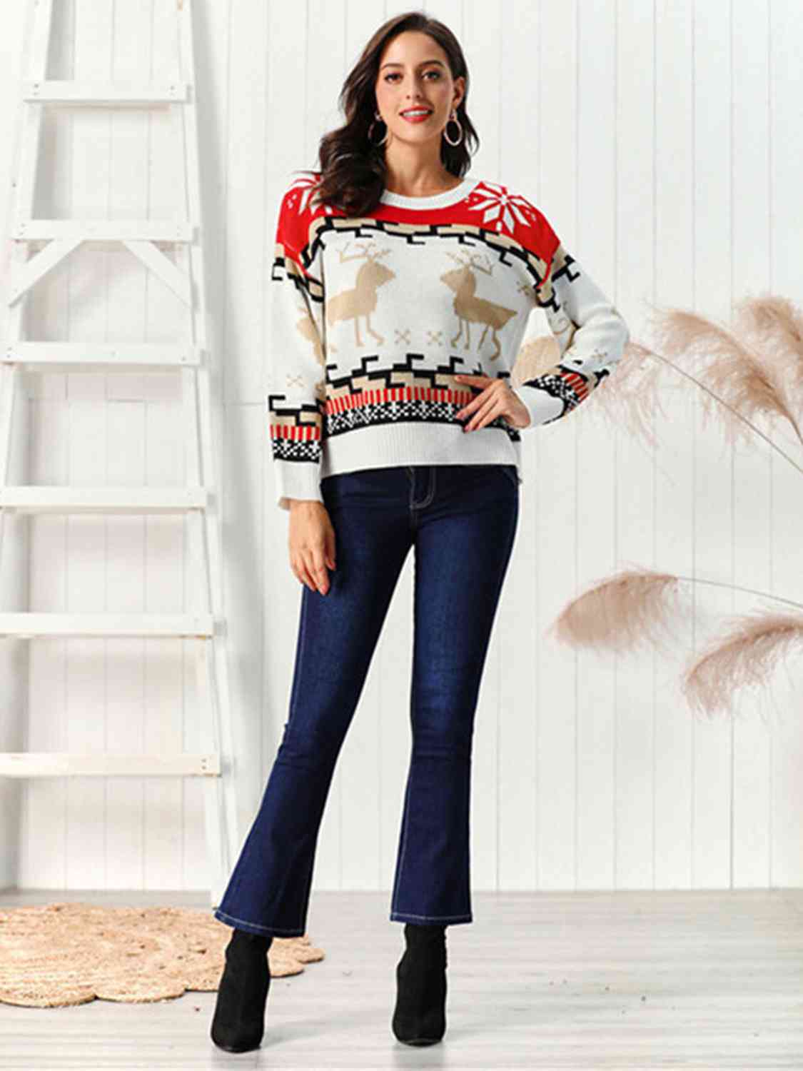 Reindeer Round Neck Sweater - Brinxx Couture