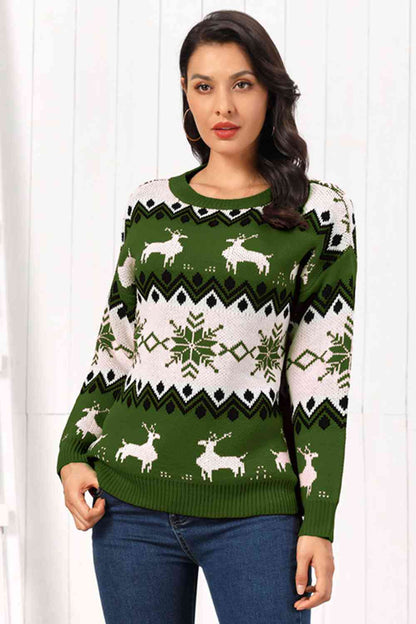 Reindeer Round Neck Sweater - Brinxx Couture