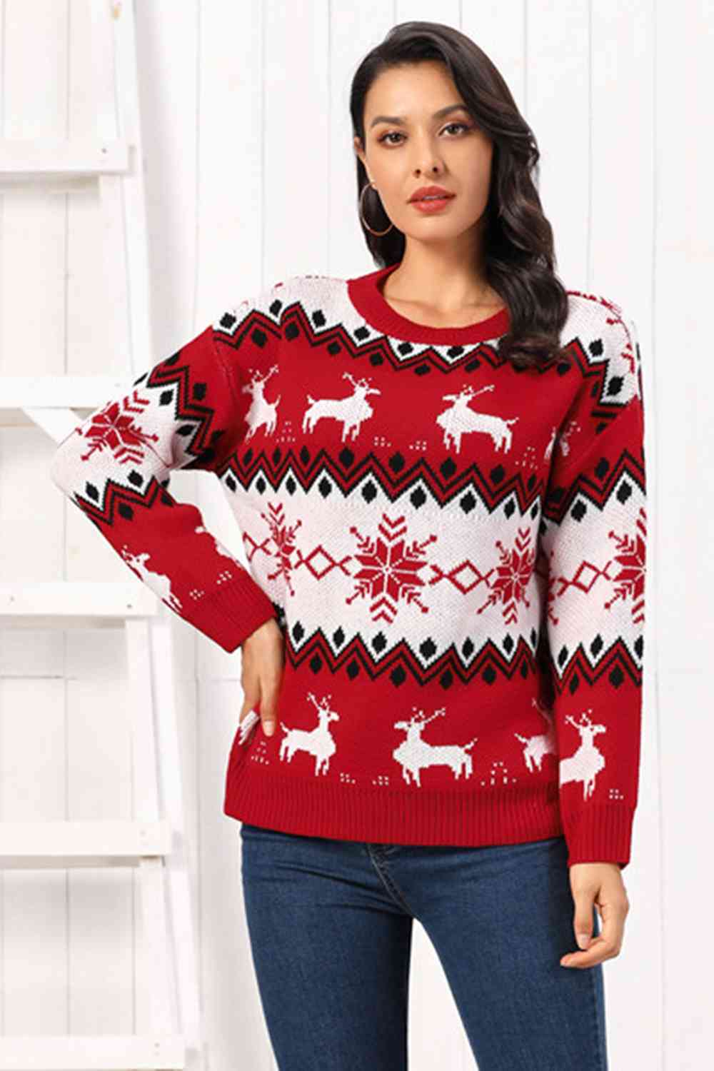 Reindeer Round Neck Sweater - Brinxx Couture